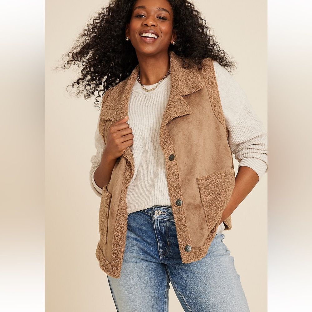 NWOT Maurices Shearling Sherpa Vest Womens Brown Cozy Boho Western Faux Suede